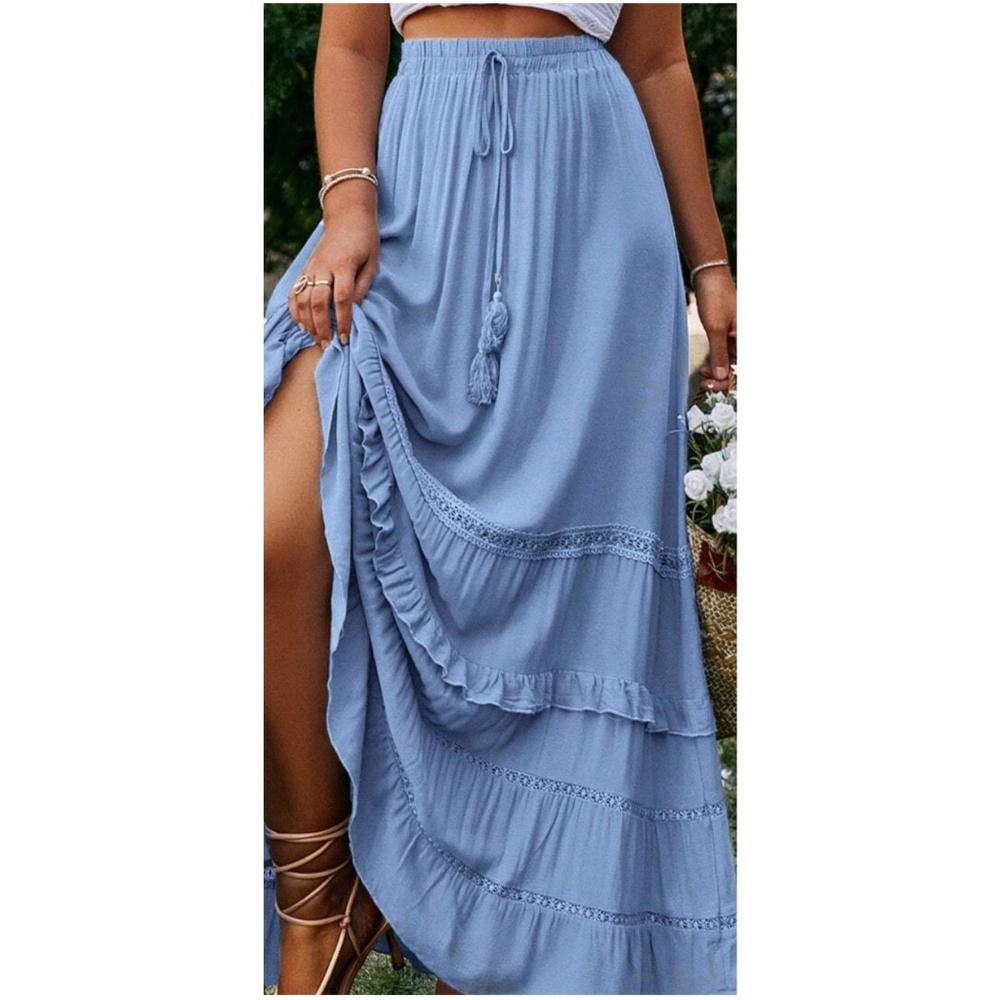 Boho Baby Blue Ruffle Hem Tassel Summer Maxi Skirt